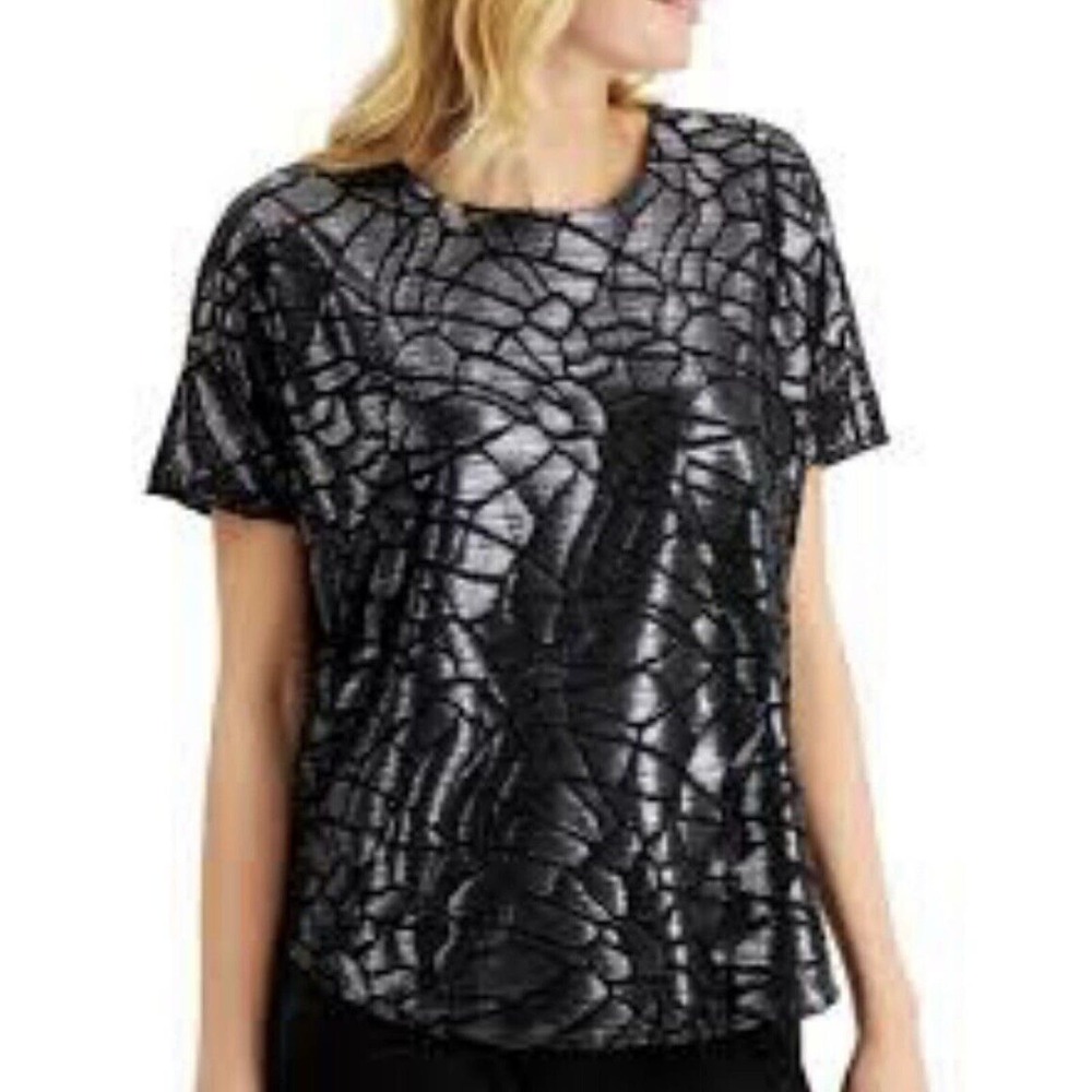 Alfani Women's Animal-Print Velvet Burnout Metalic Lined Top Blouse Size X-LARGE